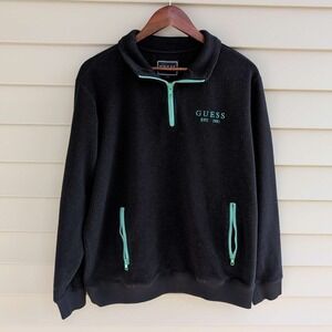 Guess Fleece Pullover Mens Large Black Mint Green Quarter Zip Mock Neck‎ Logo